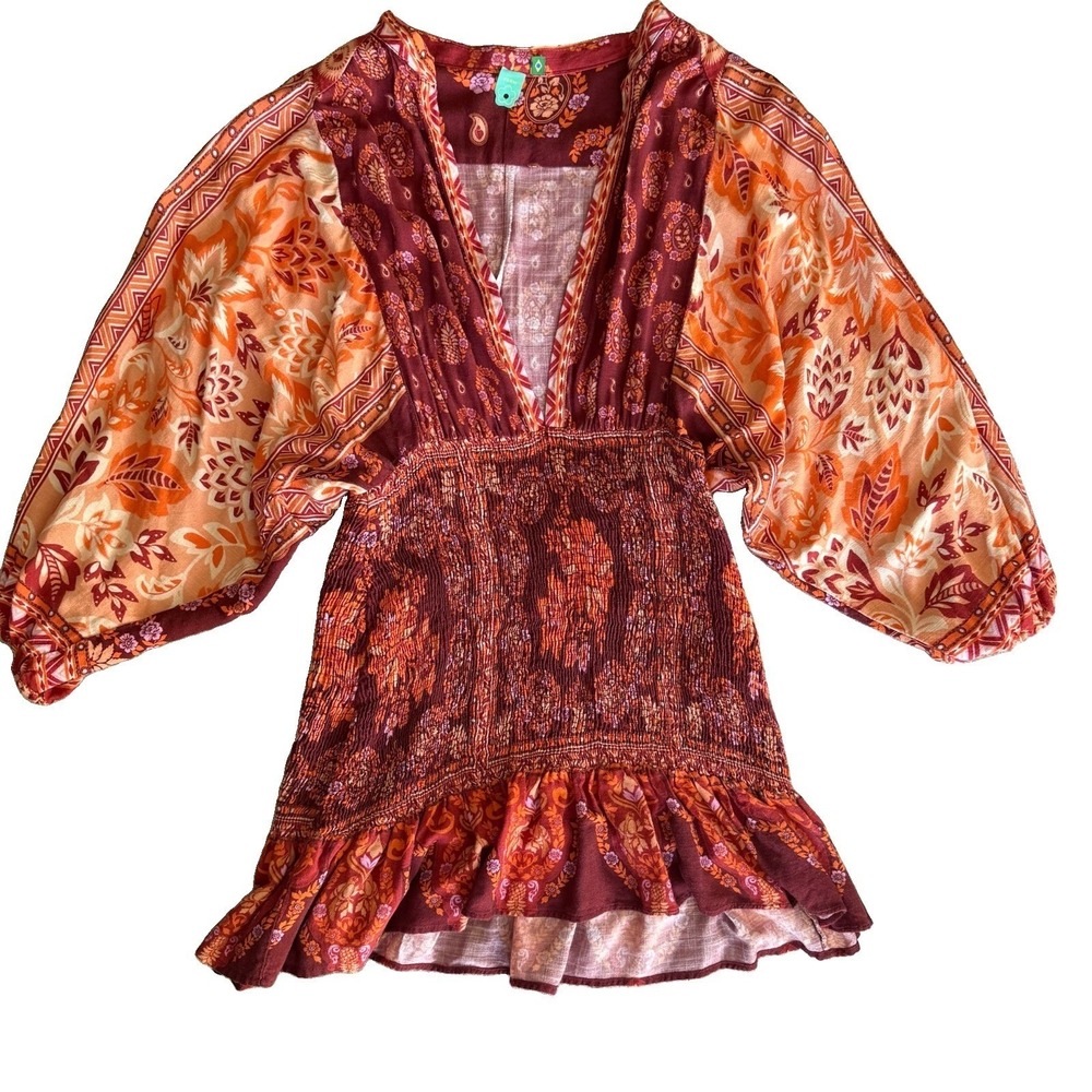 Farm Rio Romantic Nature V-Neck Puff-Sleeve Mini Dress Smocked Waist Small